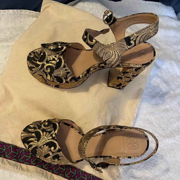 Tory Burch Gold/Black Brocade Fabric Loretta Platform Heels Size 11 - Picture 10 of 10